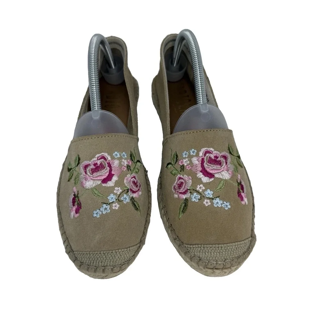 Fabiolas Espadrilles Tan Suede Leather‎ Women's Floral 9.5/41 Slip On New Summer